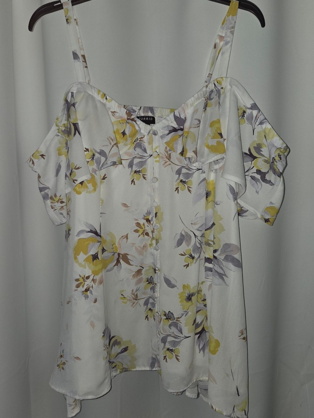 Torrid White Floral Cold-Shoulder Camisole with Yellow and Purple Flowers 2X